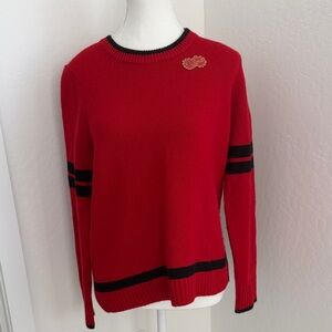 Draper James Red Sweater with Black Stripes and brooch